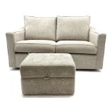 Two seat metal action sofa bed upholstered in a neutral fabric (W157cm) with storage stool (2)