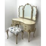 French style painted kidney shaped dressing table with three shaped swing mirrors