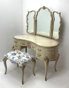 French style painted kidney shaped dressing table with three shaped swing mirrors