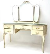French style cream and gilt kidney shaped dressing table with Teri ole mirror