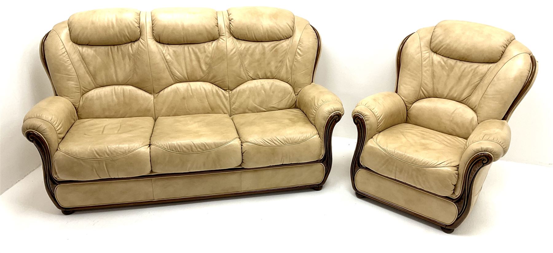 Three seat sofa upholstered in a cream leather (W178cm) and matching armchair (W85cm) - Image 2 of 3