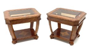 Pair walnut rectangular two tier lamp tables with inset glass tops