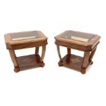 Pair walnut rectangular two tier lamp tables with inset glass tops