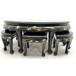 Hong Kong black lacquered oval coffee table with six stools