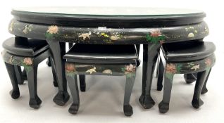 Hong Kong black lacquered oval coffee table with six stools