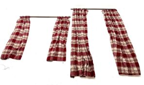 Two pairs of red and beige checkered line curtains along with curtain pole (W130