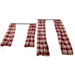 Two pairs of red and beige checkered line curtains along with curtain pole (W130