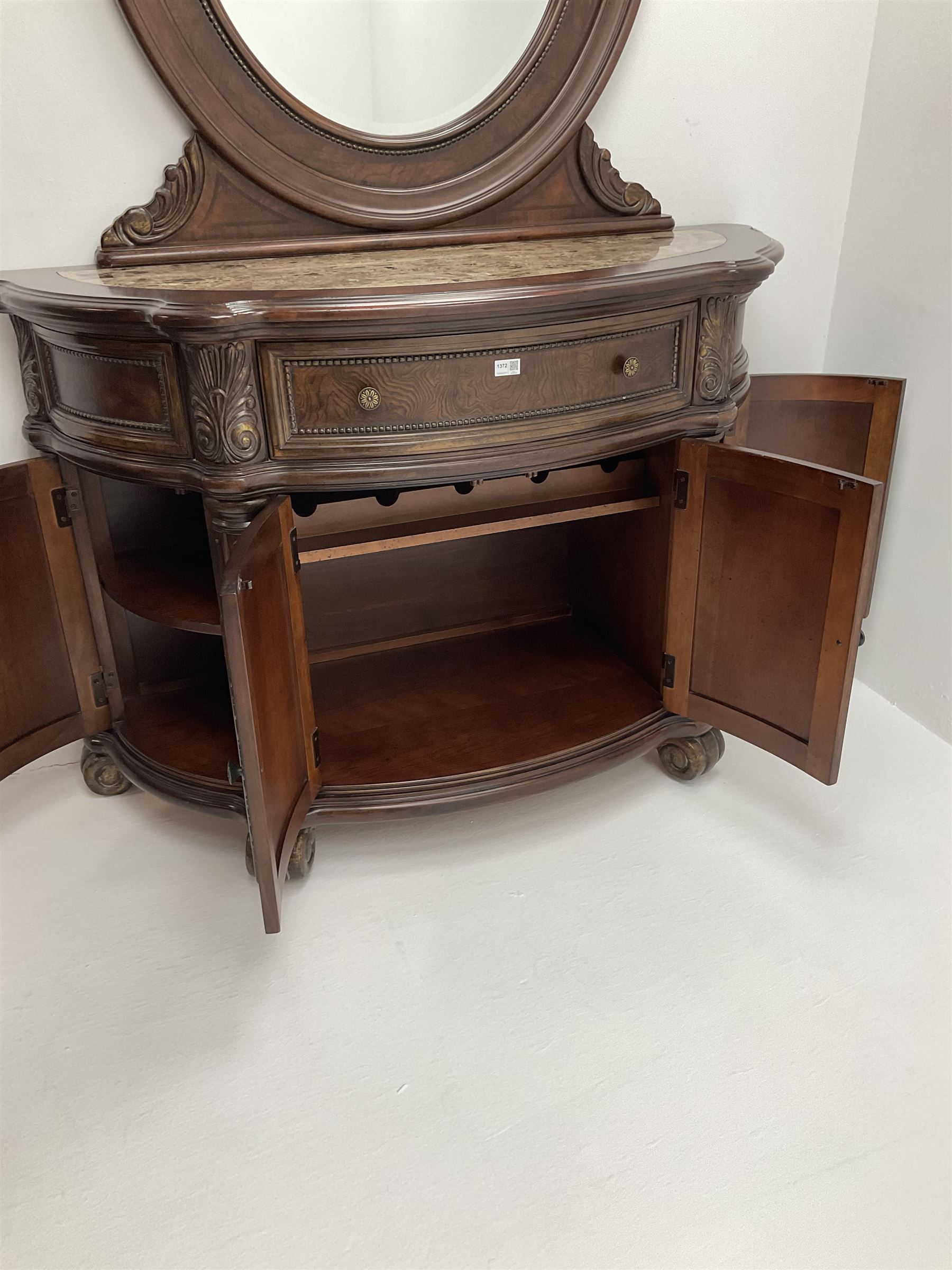 Kevin Charles American walnut demi lune shaped mirror back side cabinet with inset marble top - Image 5 of 7