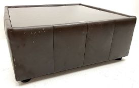 Leather upholstered coffee table inset glass top