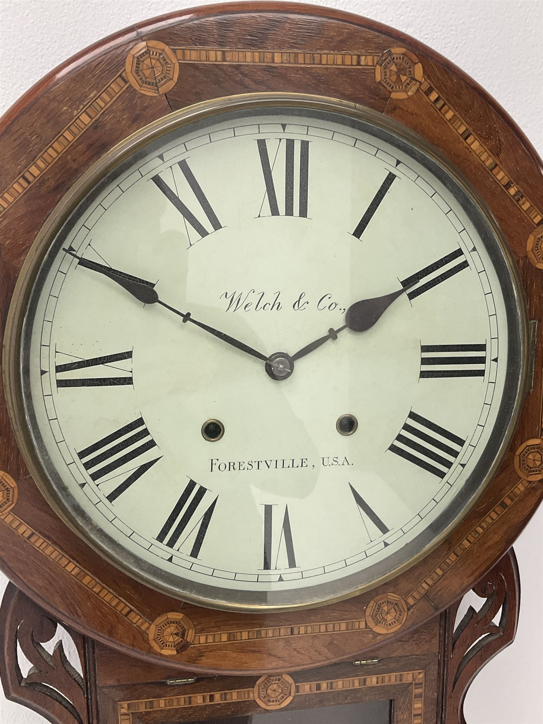 19th century inlaid rosewood drop dial wall clock - Image 3 of 4