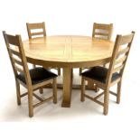 Light oak circular dining table on X-base with straight supports (D150cm