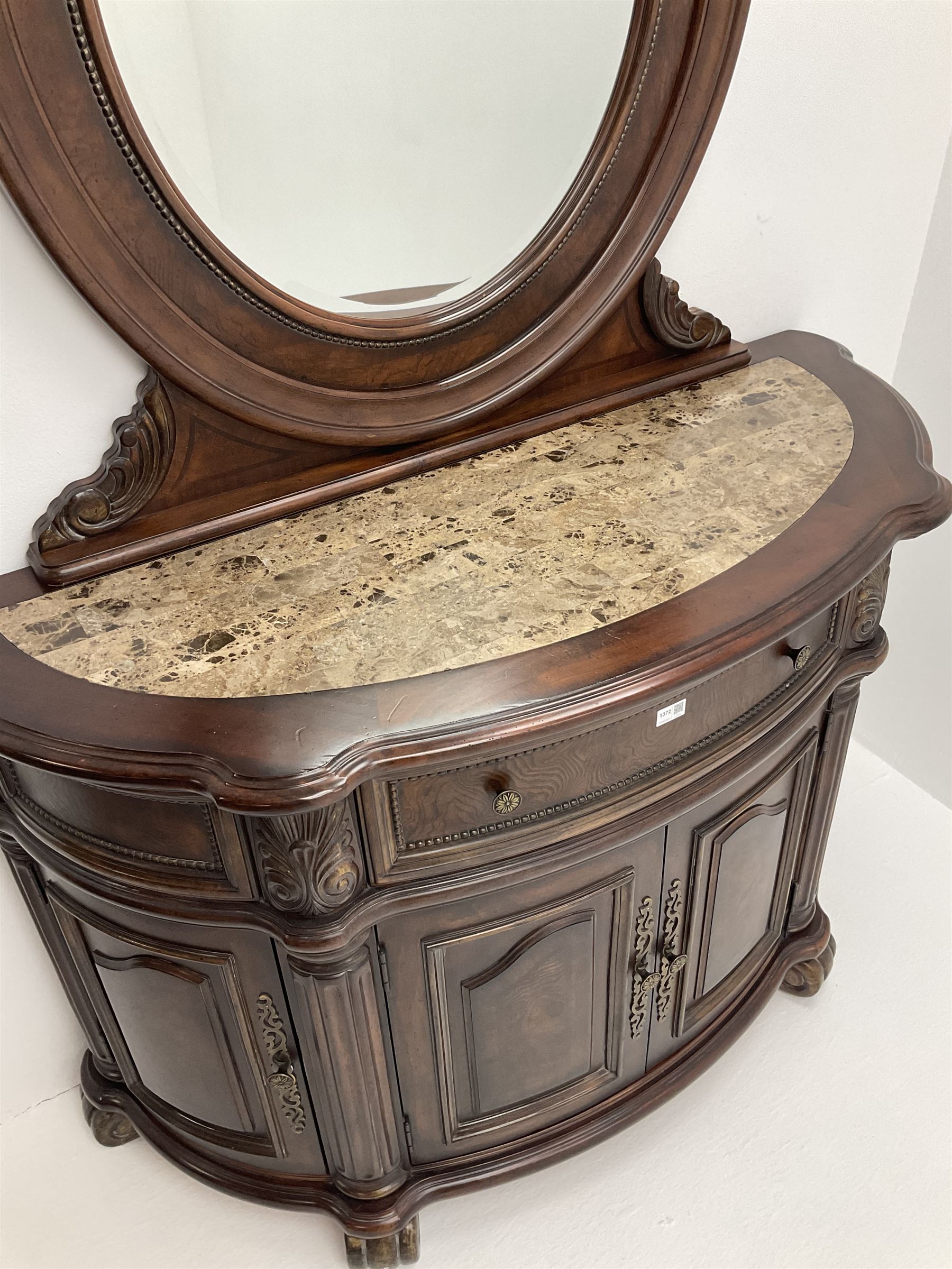 Kevin Charles American walnut demi lune shaped mirror back side cabinet with inset marble top - Image 3 of 7