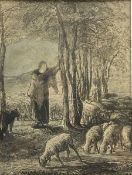 Jean-François Millet (French 1814-1875): Shepherdess and Her Flock in the Shade of Trees