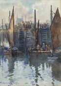 Frank Rousse (British fl.1897-1917): Fishing Boats by the Quayside Whitby