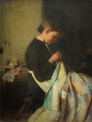 Thomas Hill (British 1852-1926): Young Woman with a Patchwork Quilt