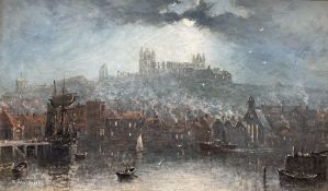 Richard Weatherill (British 1844-1913): Whitby Harbour and Abbey by Moonlight