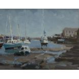 John Boyce (British 1938-): Yachts in the Harbour at Low Tide