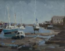 John Boyce (British 1938-): Yachts in the Harbour at Low Tide