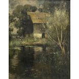 Francis G Wood (British exh.1906-1907): Watermill on a Wooded River