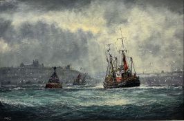 Jack Rigg (British 1927-): Fishing Boats Returning to Whitby Harbour in Choppy Seas