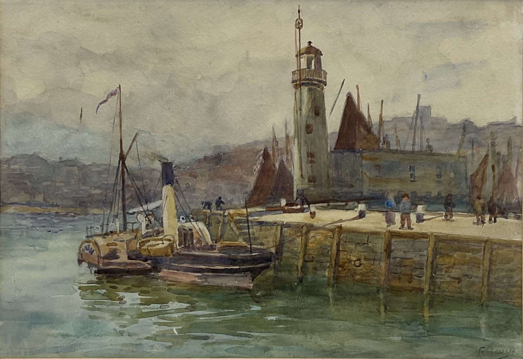 Frank Rousse (British fl.1897-1917): Paddle Steamer moored along side Scarborough Lighthouse