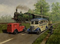 Robert Nixon (British 1955-): Southern Railway local train passing a Bedford OB Coach in the 1940's
