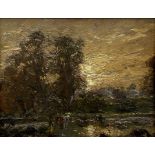 Herbert F Royle (British 1870-1958): Wooded Landscape at Sunset