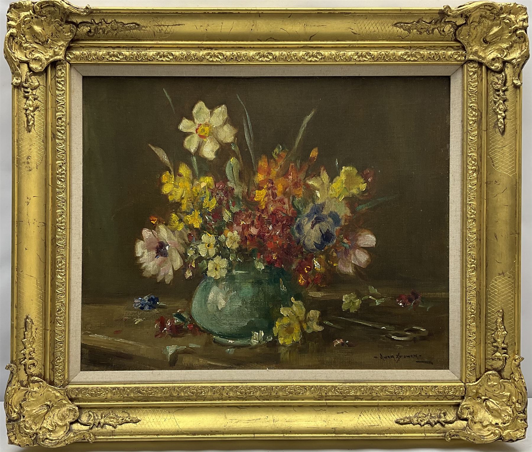 Owen Bowen (Staithes Group 1873-1967): Still Life of Spring Flowers in a Vase - Image 2 of 4