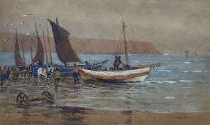 James William Booth (Staithes Group 1867-1953): Fishing Cobles unloading on the Beach at Filey