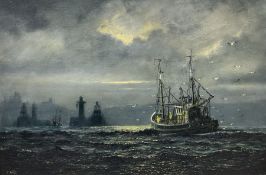 Jack Rigg (British 1927-): Fishing Boat Returning to Whitby Harbour by Moonlight