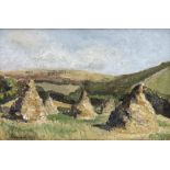 Elaine Belfrage (Scottish exh.1937-1939): Hay Stooks in rolling Landscape