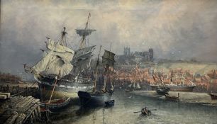 Richard Weatherill (British 1844-1913): Whitby Harbour with Sailing Boats and Steam Ship at Low Tide