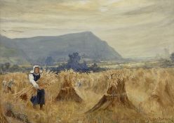 James Watson (Staithes Group 1851-1936): Gathering Corn Stooks near Roseberry Topping