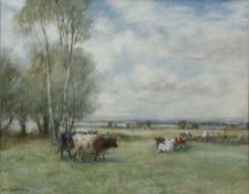 David Thomas Robertson (British 1879-1952): Cattle Grazing in Pastoral Landscape