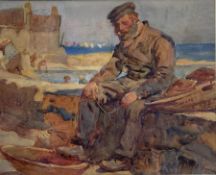 Henry Silkstone Hopwood (Staithes Group 1860-1914): Fisherman sitting on the Harbour Wall