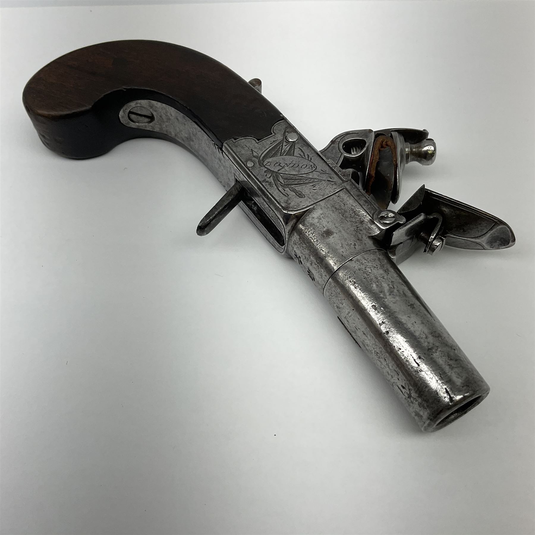 Late 18th century flintlock pocket pistol signed H. Nock London with 4cm turn-off barrel and drop - Image 3 of 6