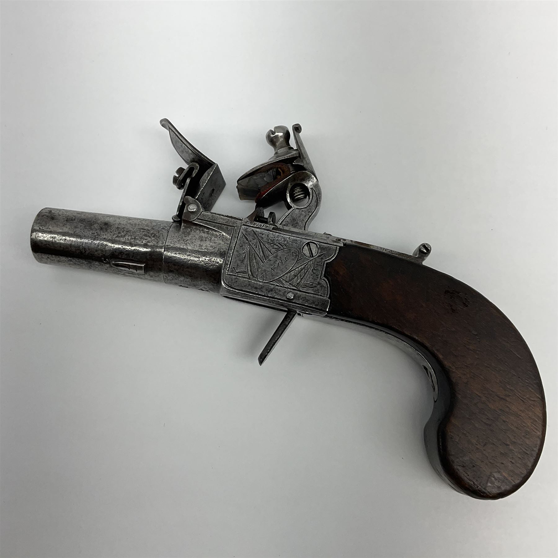 Late 18th century flintlock pocket pistol signed H. Nock London with 4cm turn-off barrel and drop - Image 6 of 6