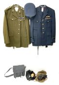 RAF Flight Lieutenant's uniform with peaked cap and WW2 ribbon bar; WW2 gas mask in blue canvas bag