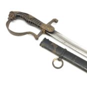 Prussian cavalry officer's sword with unmarked 78cm slightly curving fullered steel blade