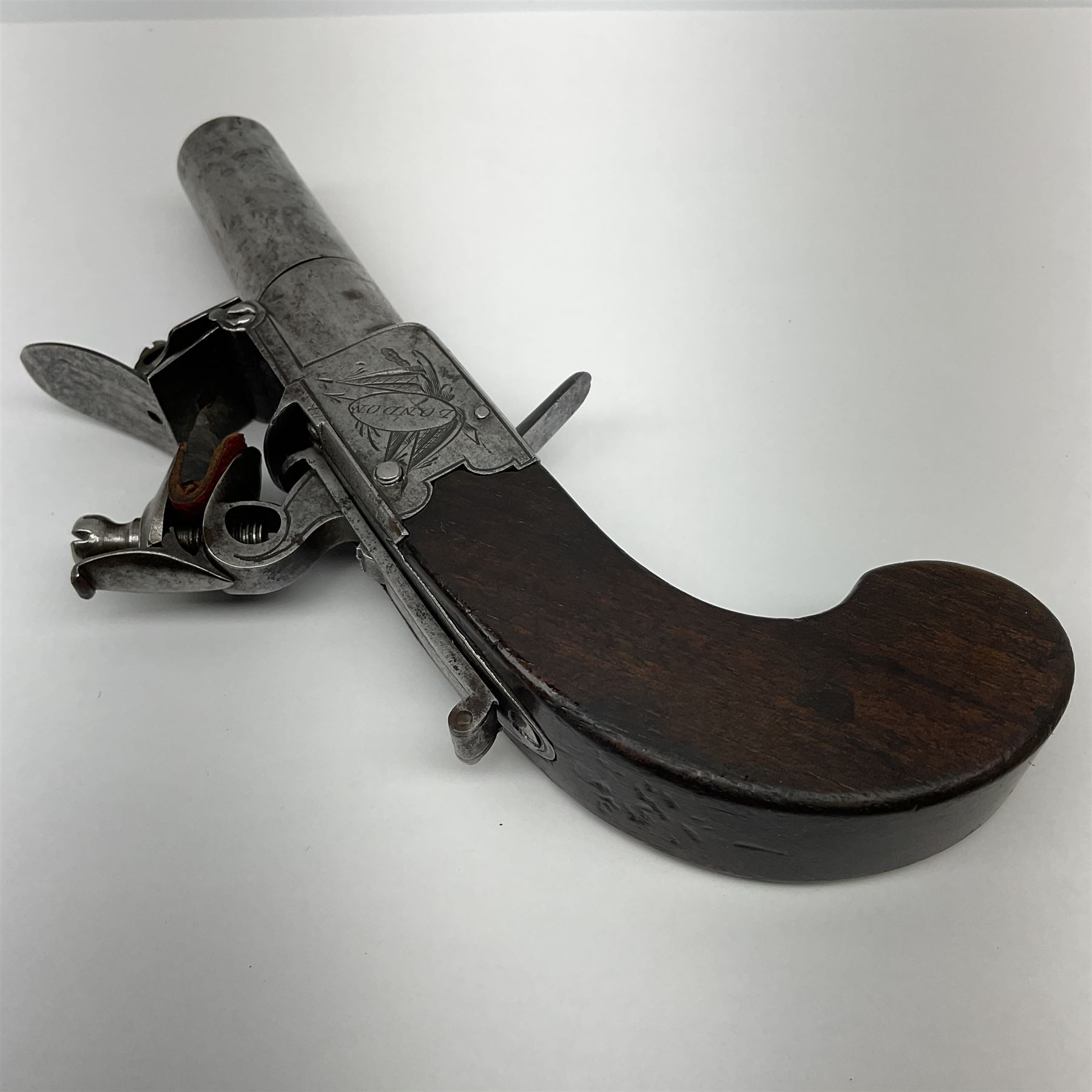 Late 18th century flintlock pocket pistol signed H. Nock London with 4cm turn-off barrel and drop - Image 5 of 6