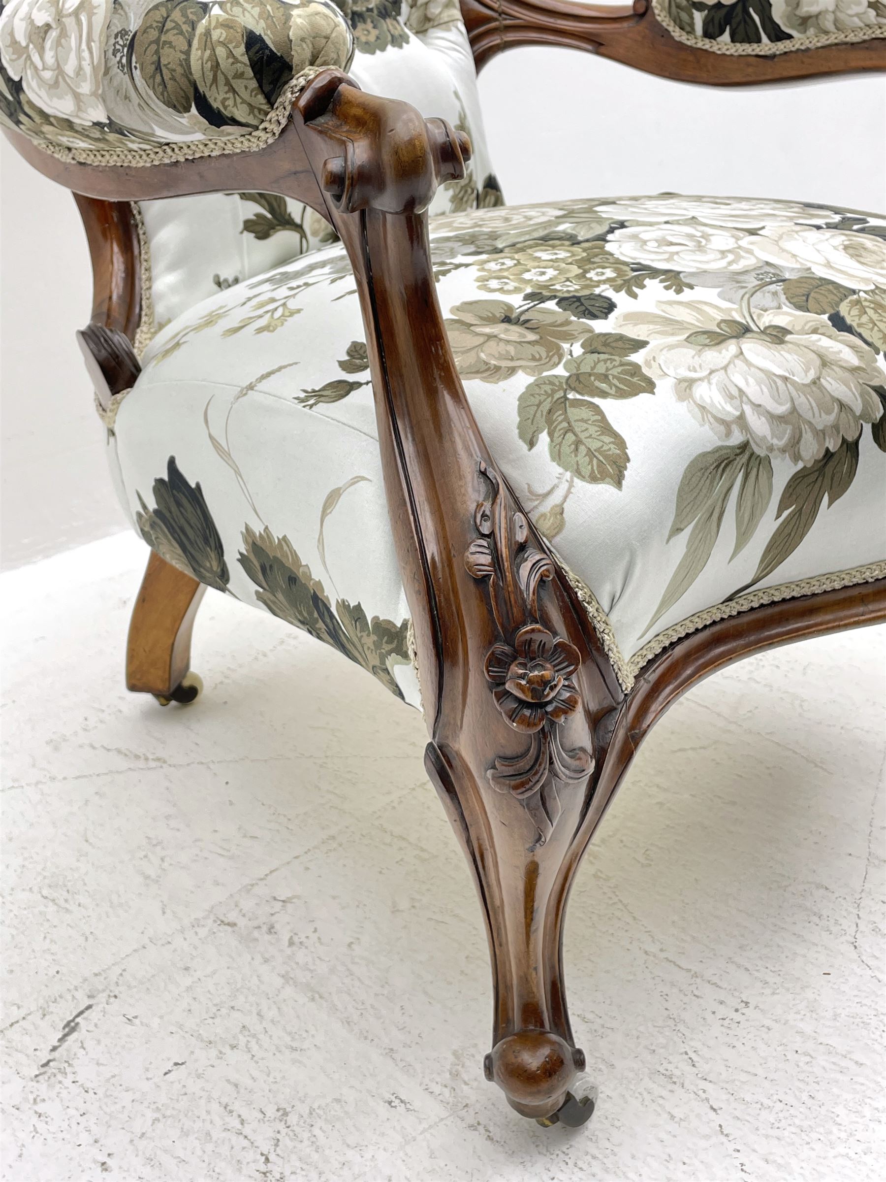 Victorian walnut framed open armchair - Image 3 of 8