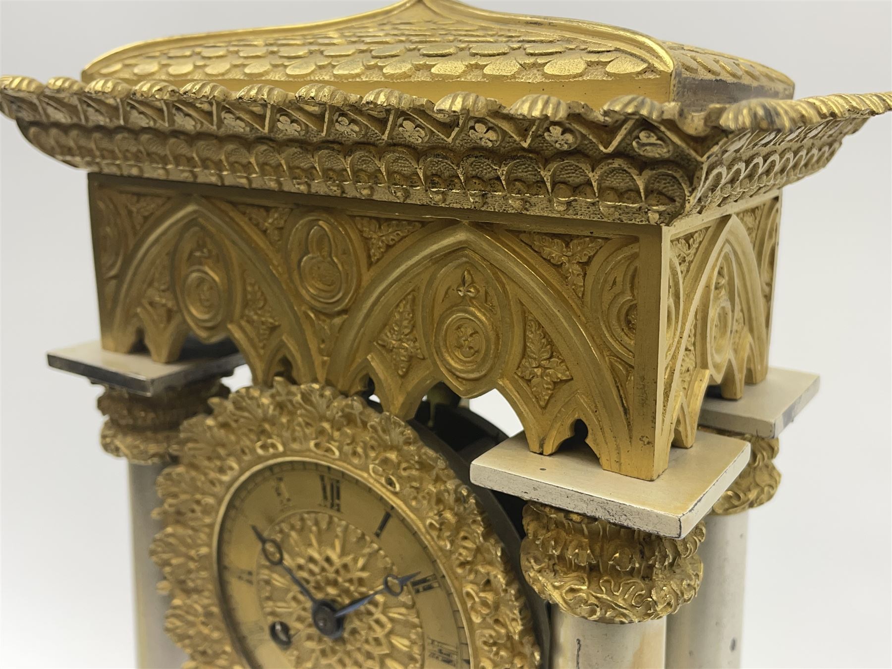 Mid 19th century French silvered and ormolu portico automaton clock in Gothic style case by Leroy A - Image 5 of 13