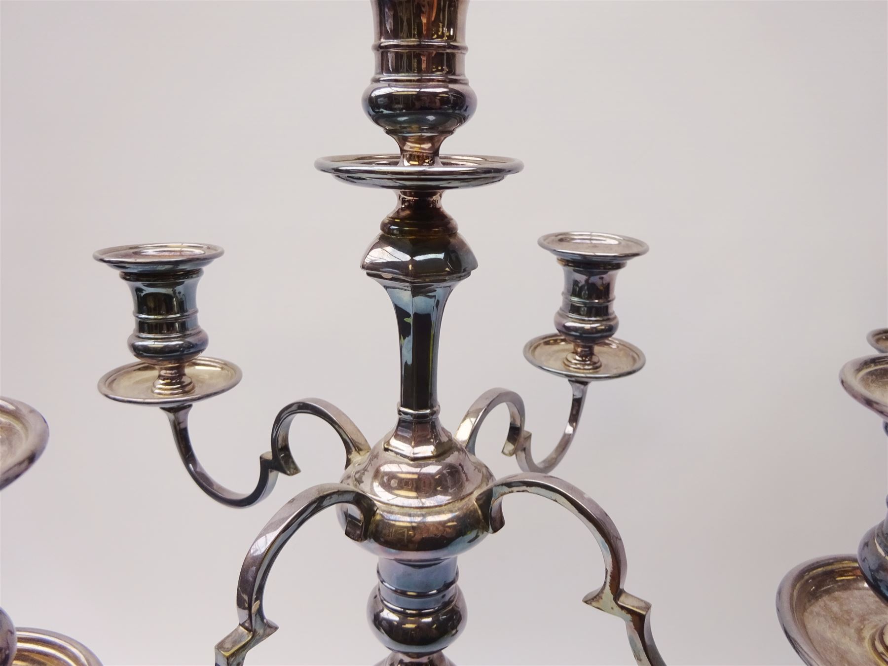 Pair of 20th century Mappin & Webb silver plated four branch candelabra - Image 5 of 6
