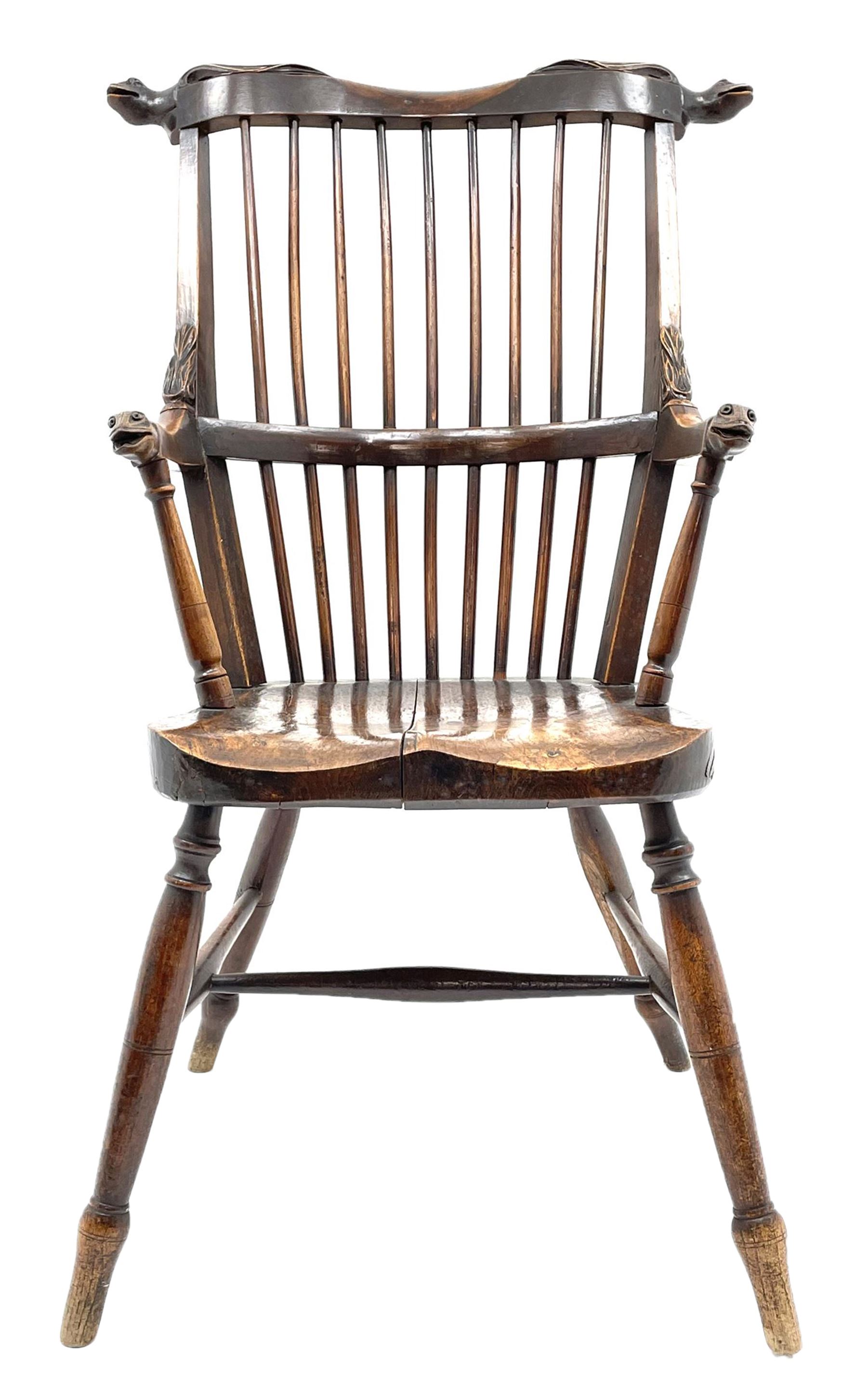 Unusual 19th century elm and beech high comb back Windsor armchair