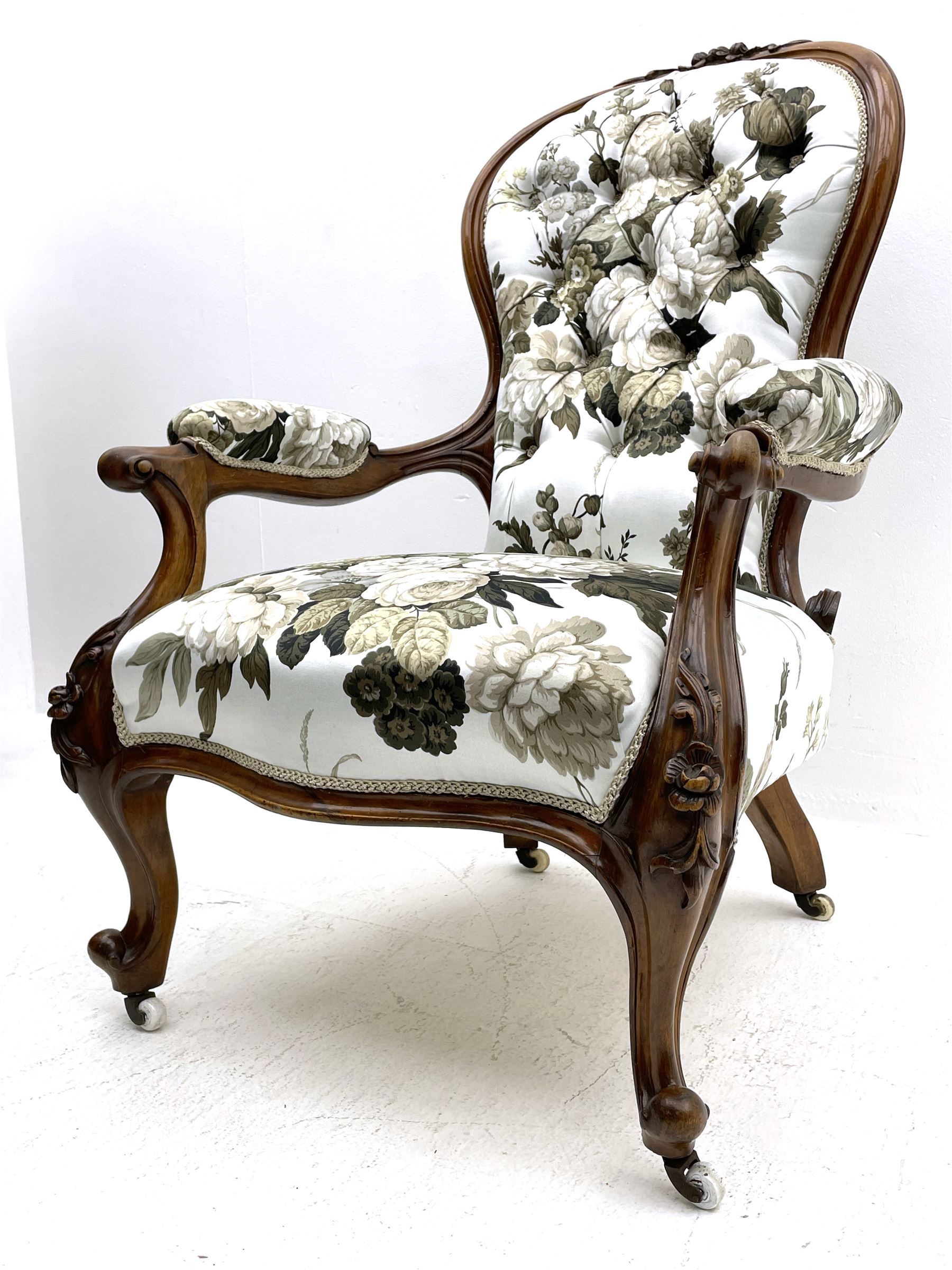 Victorian walnut framed open armchair - Image 7 of 8