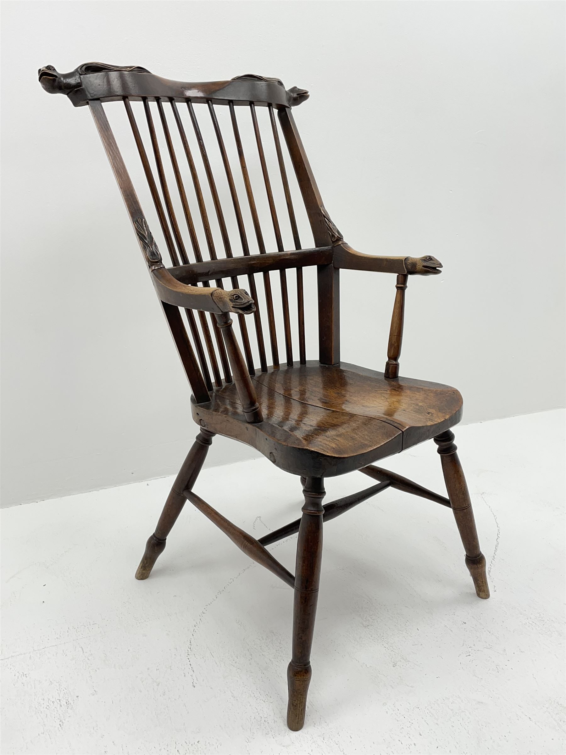 Unusual 19th century elm and beech high comb back Windsor armchair - Image 2 of 6