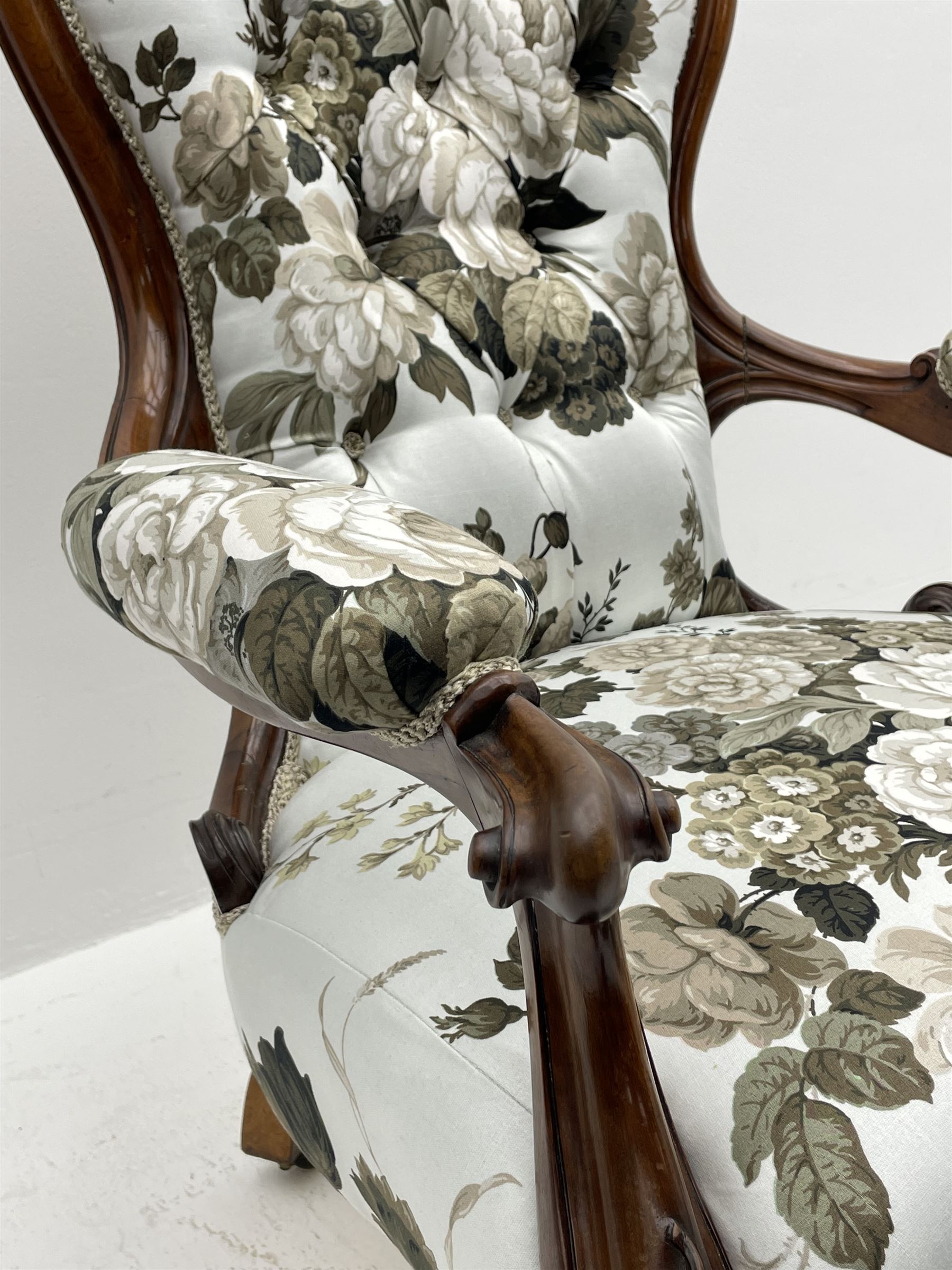 Victorian walnut framed open armchair - Image 4 of 8