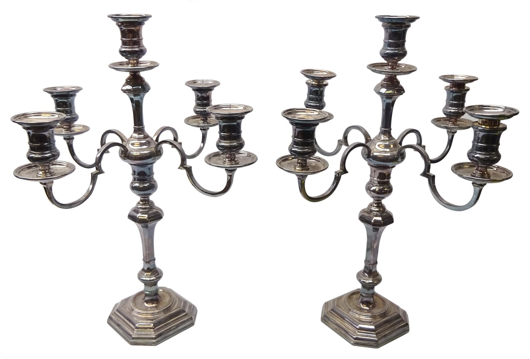 Pair of 20th century Mappin & Webb silver plated four branch candelabra