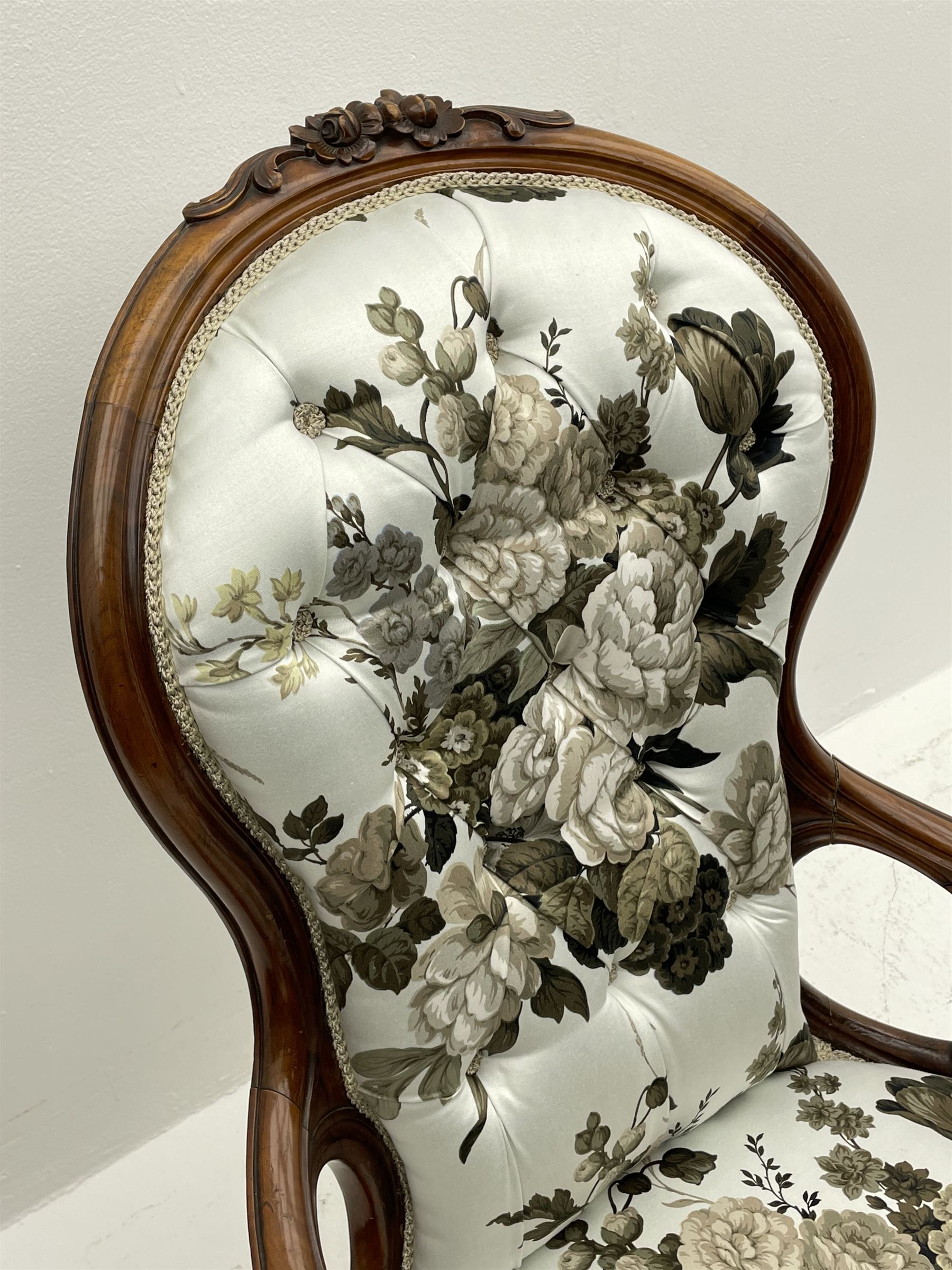 Victorian walnut framed open armchair - Image 5 of 8