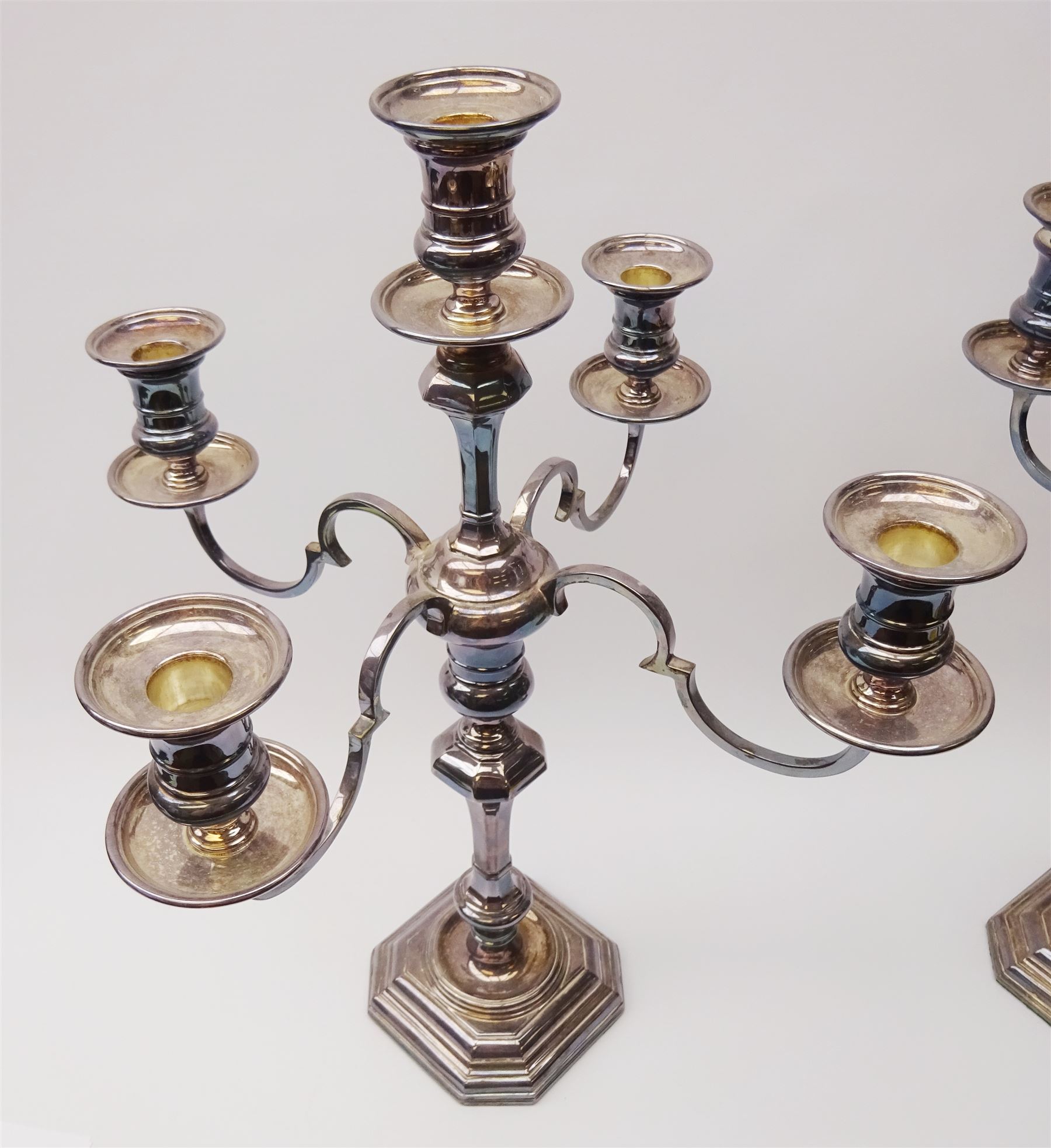 Pair of 20th century Mappin & Webb silver plated four branch candelabra - Image 2 of 6